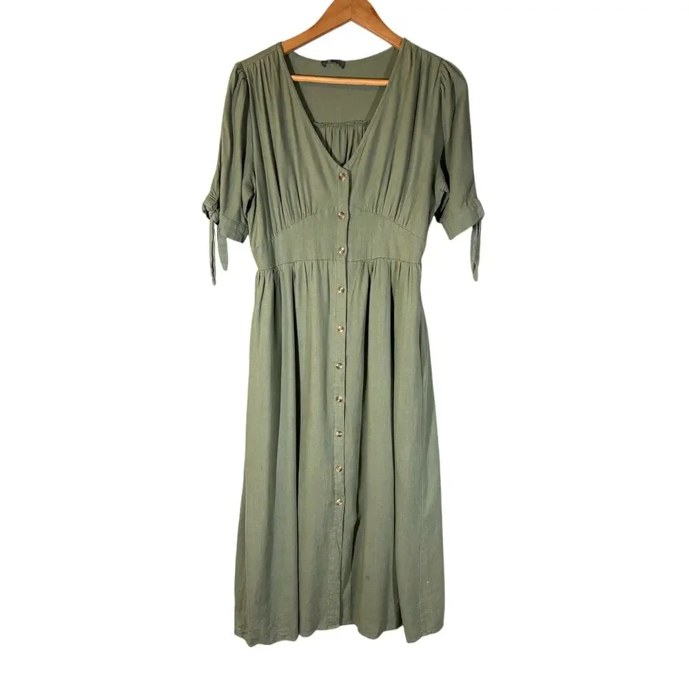 &Merci Sage Green Linen Midi Button Front Peasant‎ Dress Large Fit Flare Casual - Picture 4 of 14